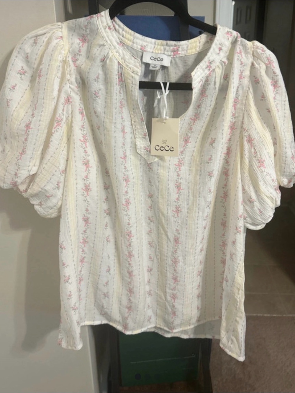 CeCe Cream Blouse with Pink Floral Stripes